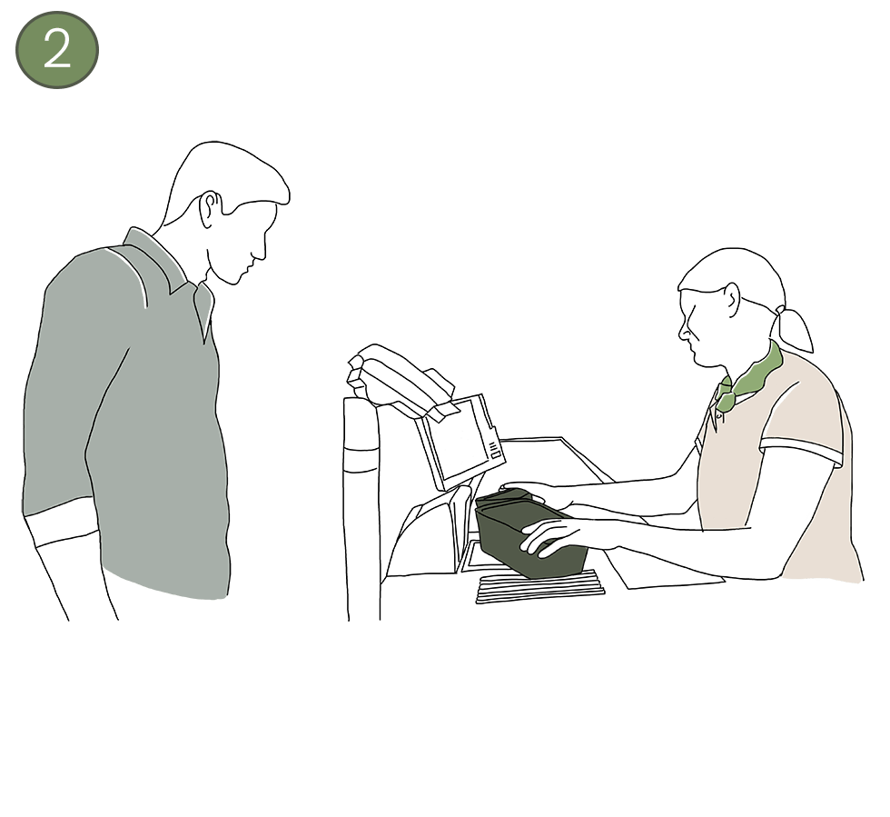 Illustration an der Kasse - Kassiererin zieht die PFABO über den Scanner